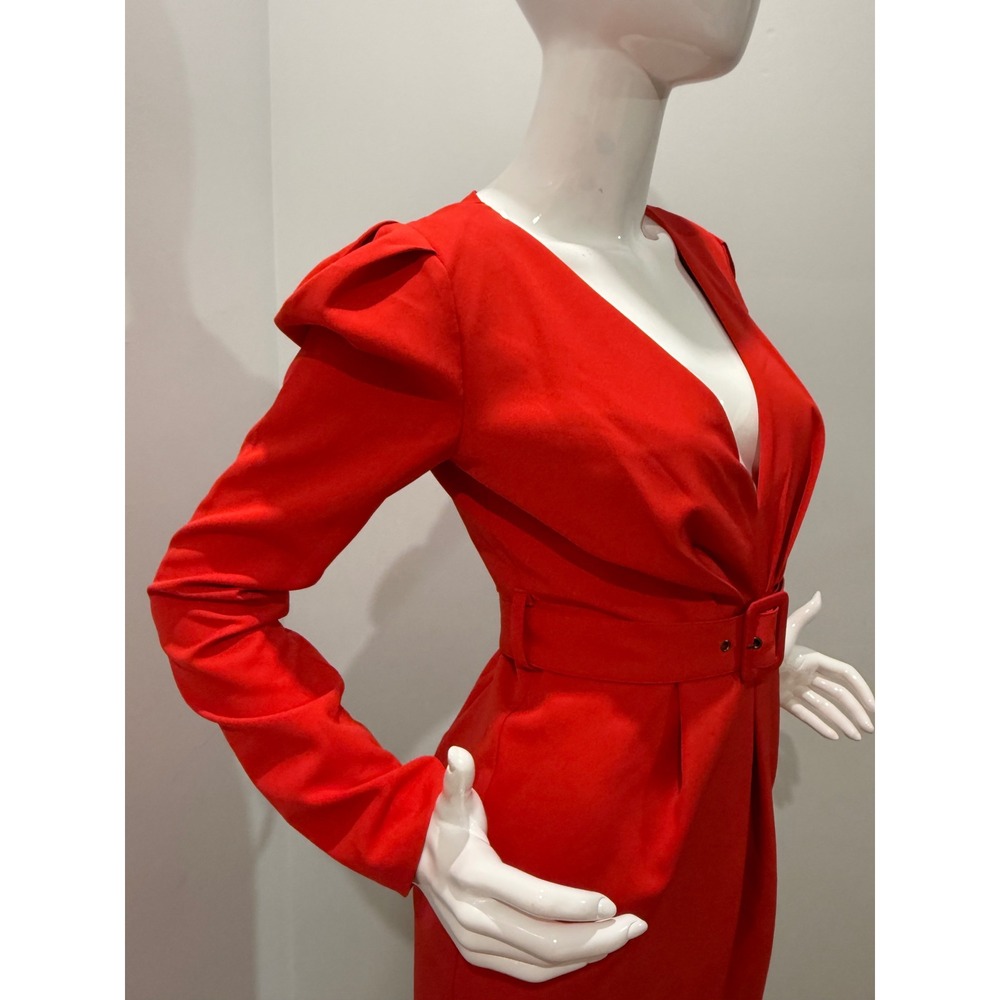 Bardot Red Deep V Neck Puff Sleeve Belted Mini Dress Women's US 6/S NWT - Picture 6 of 12